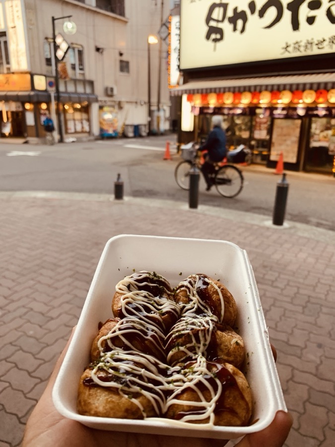 Fresh takoyaki on a street corner in Osaka